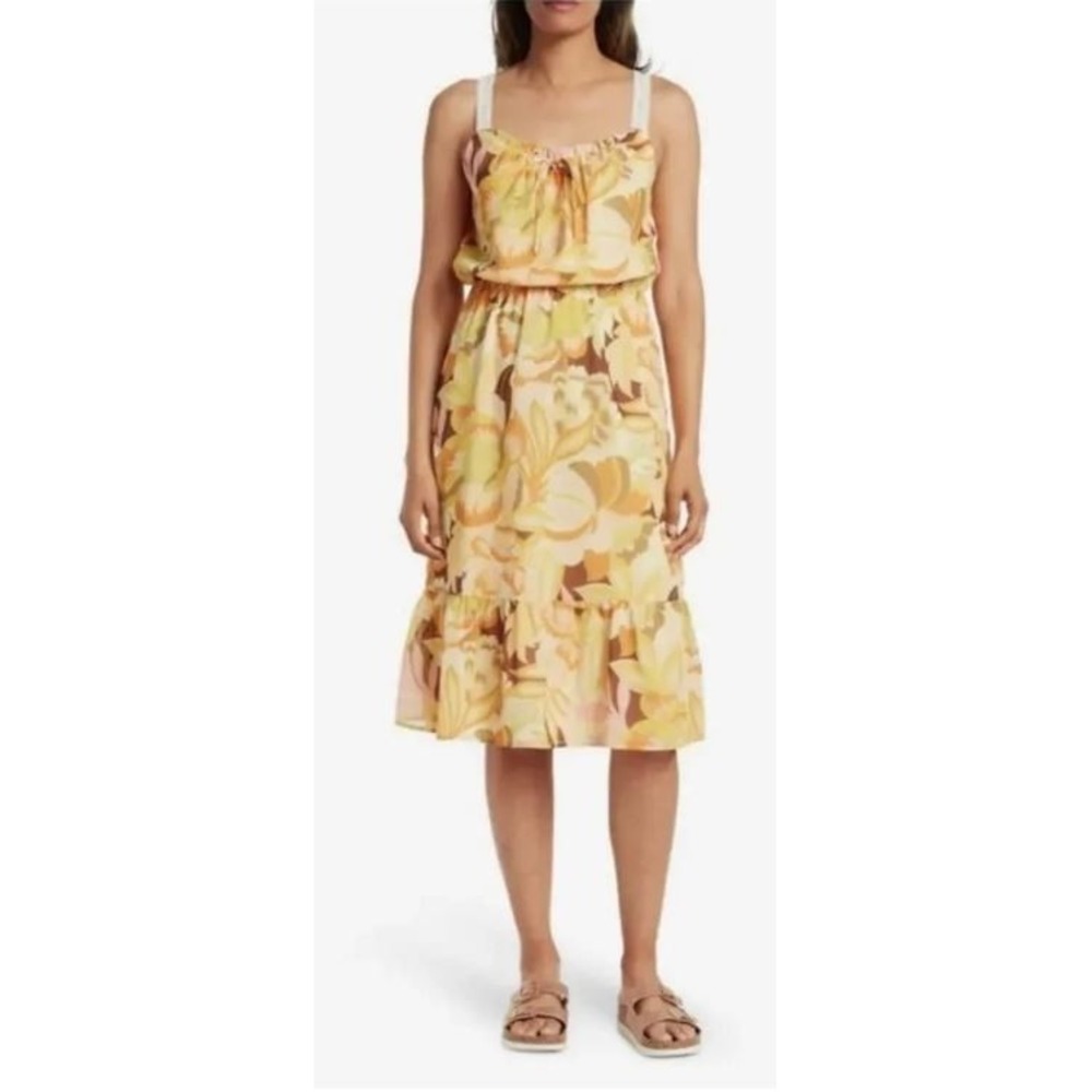 Collective Concepts Women's Crochet Strap Tiered Floral Dress in Yellow Multi XL